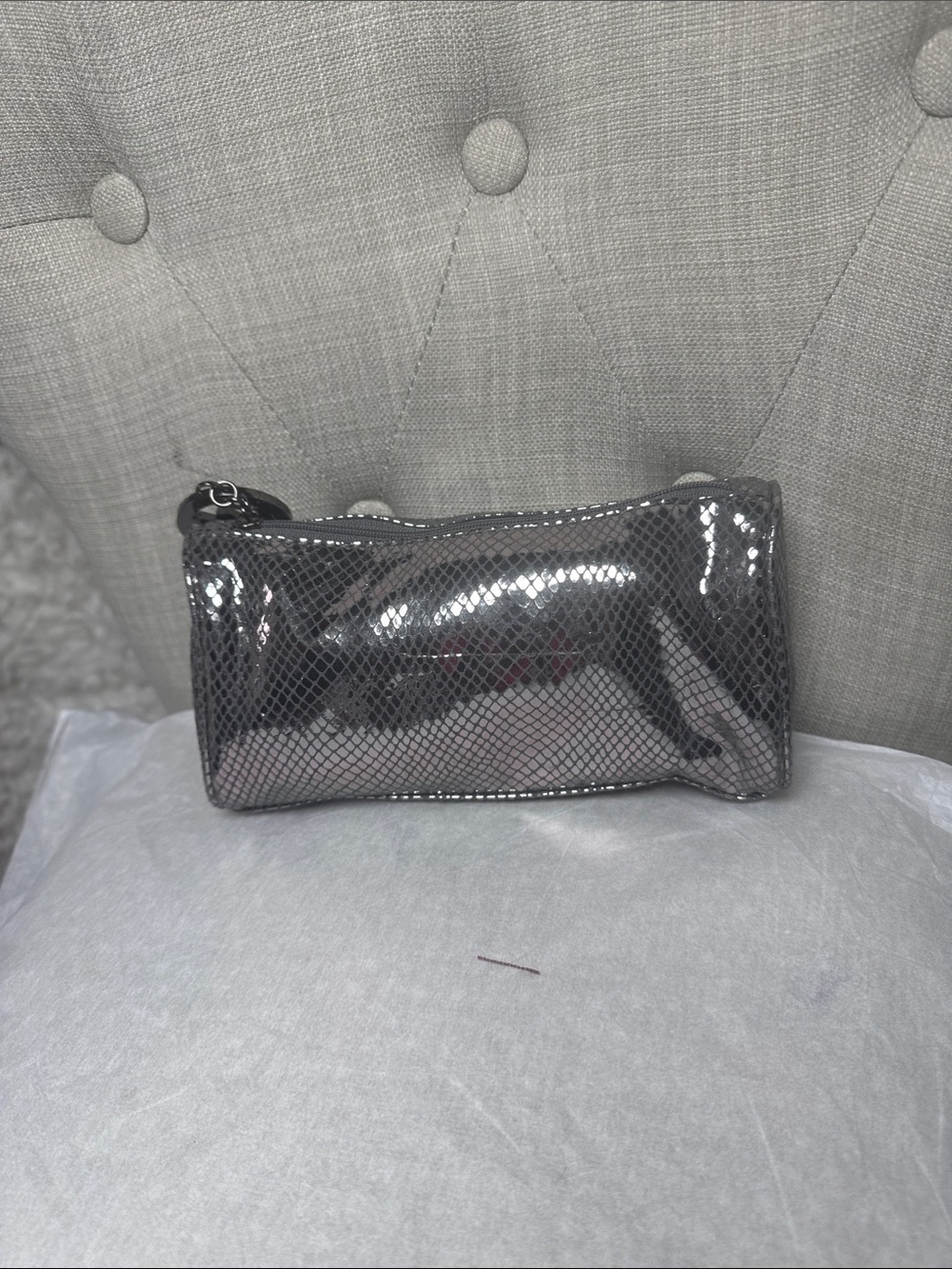 Michael Kors Gunmetal Patent Snake-Texture Tassel Cosmetic Pouch - Picture 2 of 7